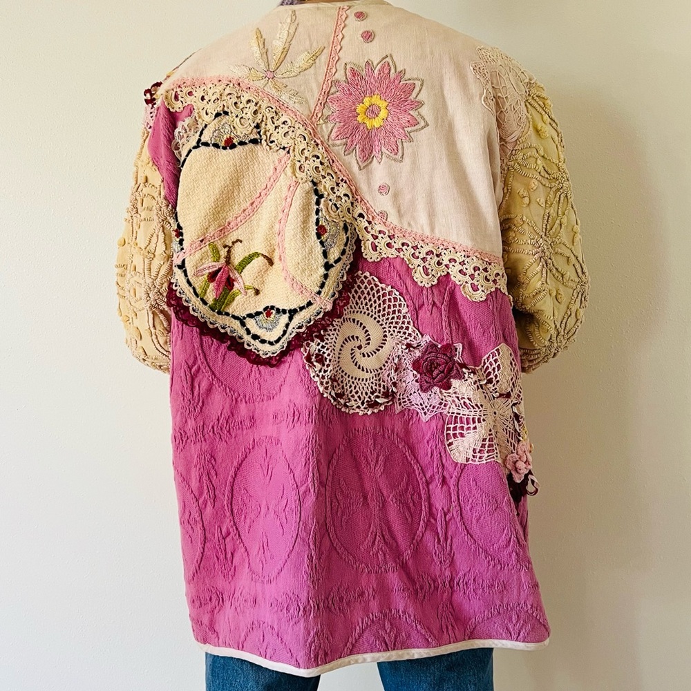 Vintage Patchwork Jacket coat cardigan crochet boho Embroidered oversized - Picture 6 of 11